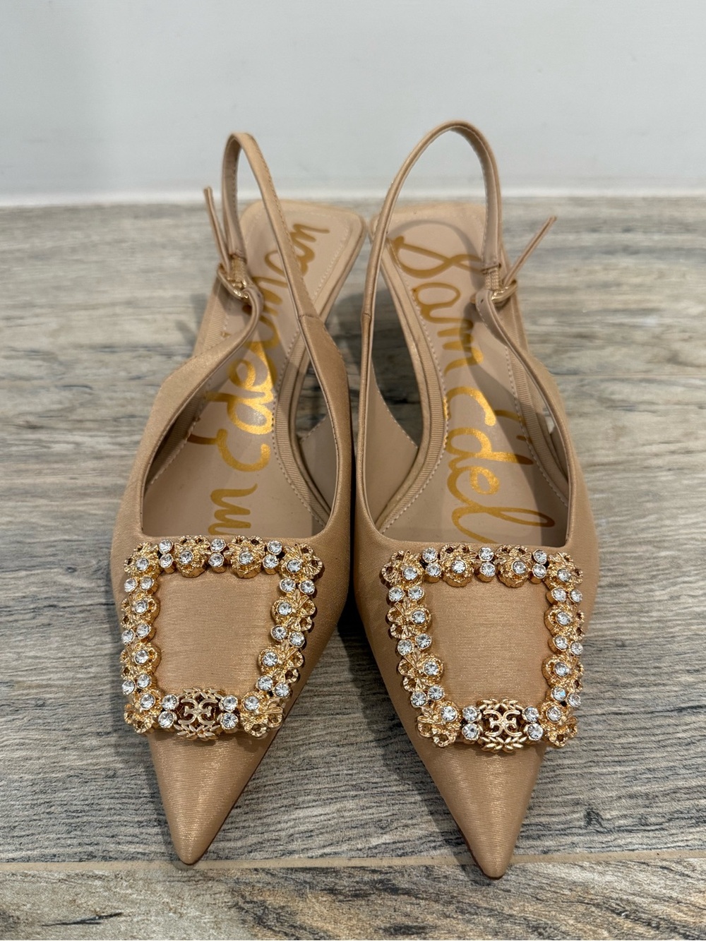 Sam Edelman Nude Crystal-Embellished Slingback Micro Heel - Size 6